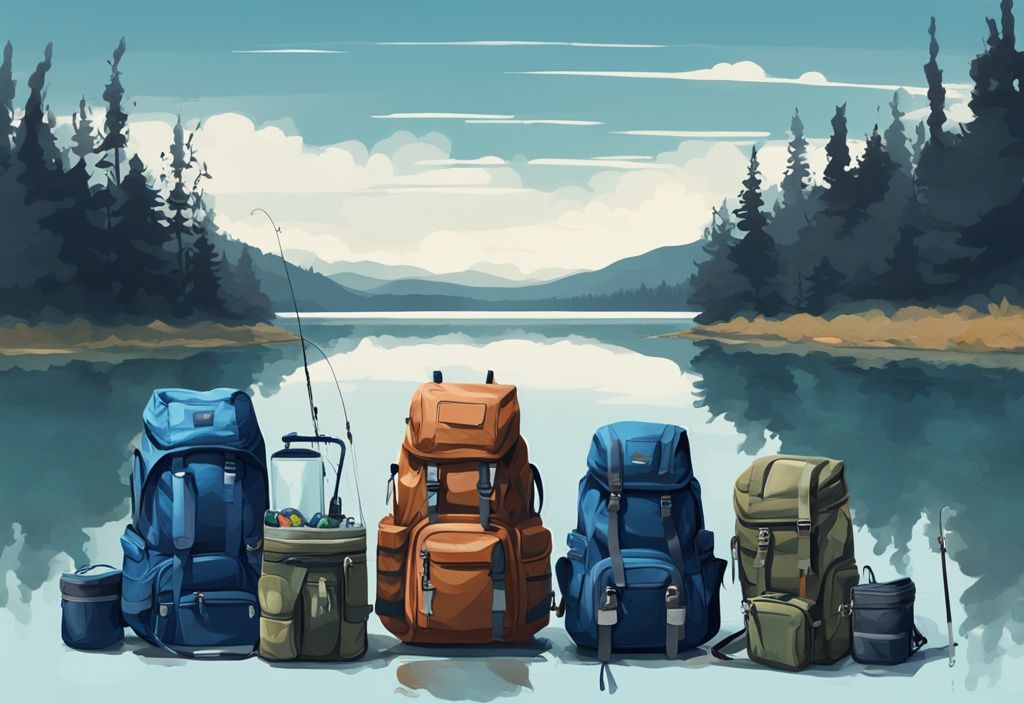 Modern digital painting of five fishing backpacks filled with gear against a serene lake backdrop, blue color theme.