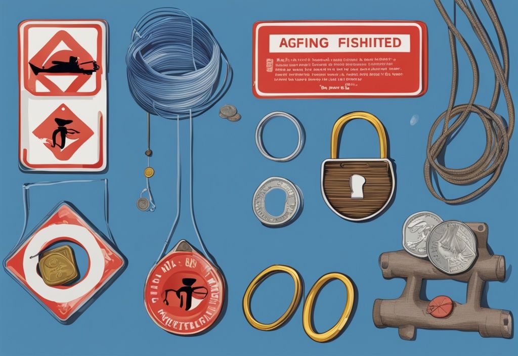 Digital painting of a magnet fishing underwater, retrieving coins, rings, and a warning sign, with a blue color theme.