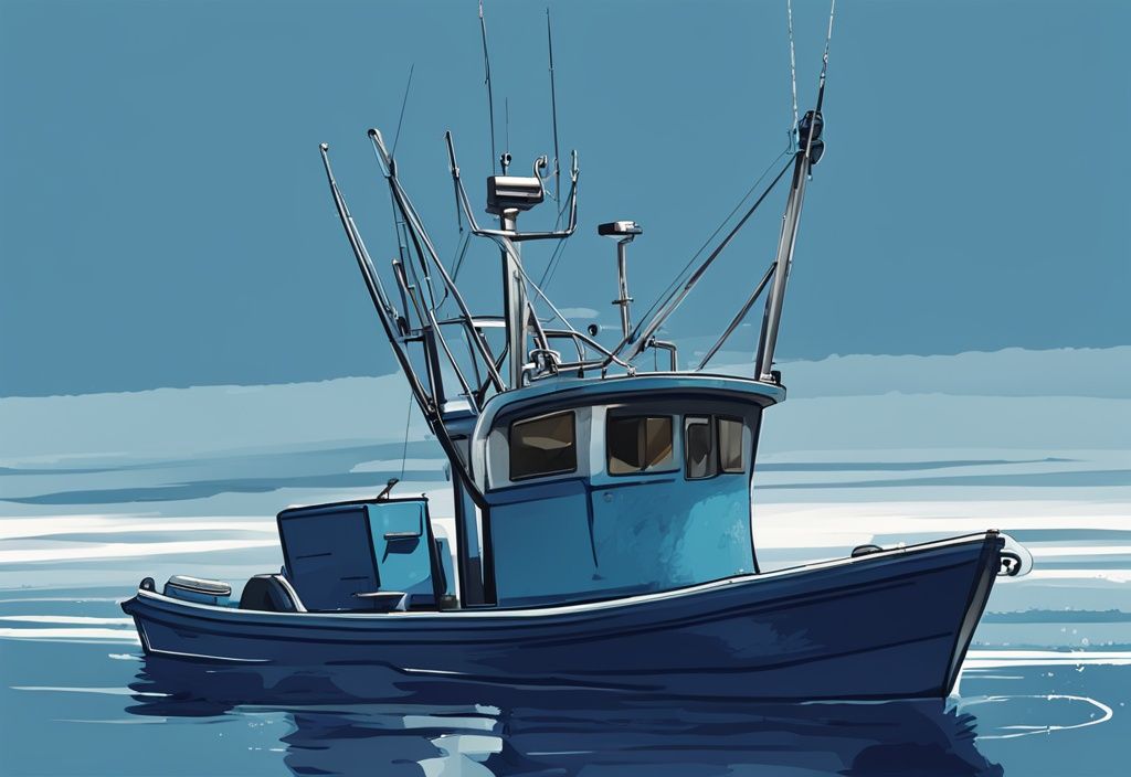 Digital painting of a fishing boat on a scale showing weight, illustrating how much does a fishing boat weigh, with a blue color theme.