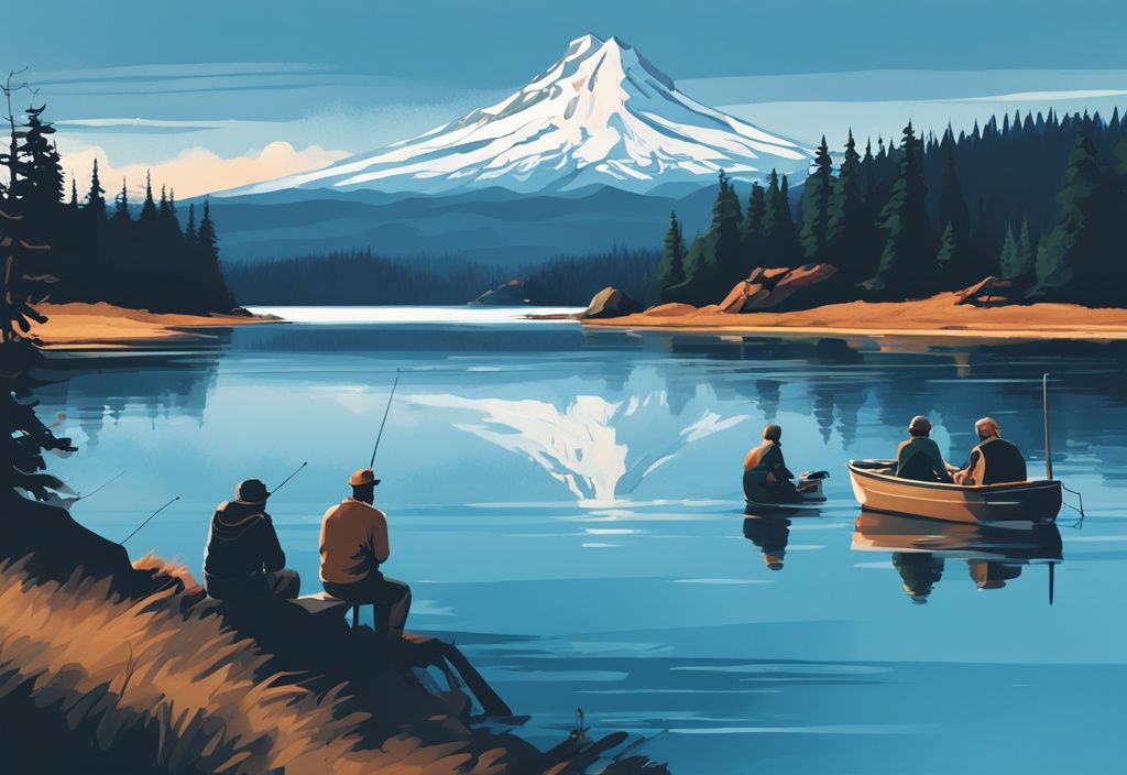 Digital painting of serene Oregon waters with fishing enthusiasts and Mount Hood in the background.