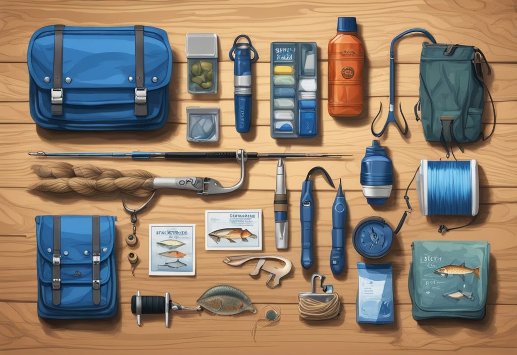 Modern digital painting of three survival fishing kits on rustic wood table, featuring blue theme, fishing lines, hooks, and compact storage cases.