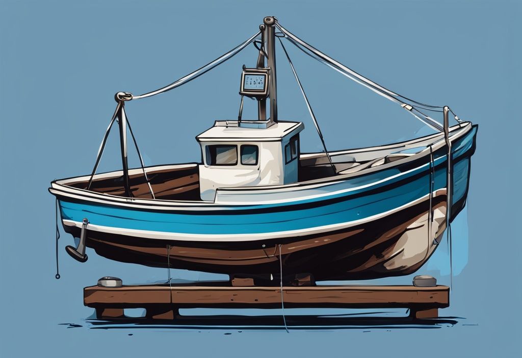 Modern digital painting of a blue-themed fishing boat on a weighing scale with a digital screen displaying weight.