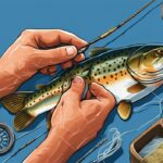 Close-up of an angler's hands tying a line to a trout hook, with various pound test fishing lines and scale in the background, illustrating what pound test for trout.