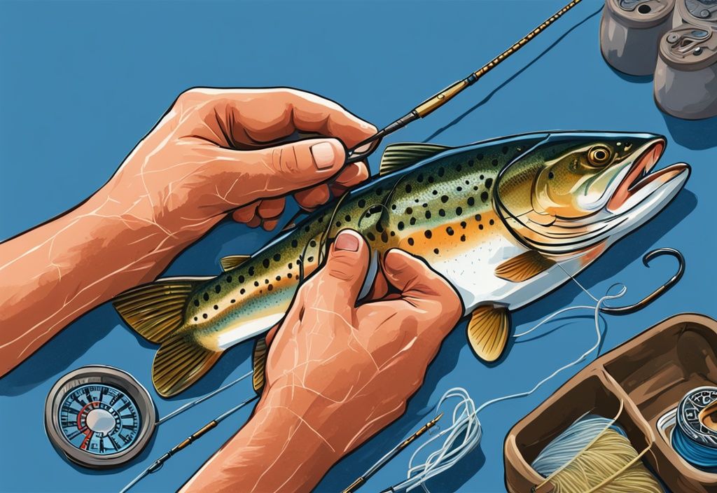 Close-up of an angler's hands tying a line to a trout hook, with various pound test fishing lines and scale in the background, illustrating what pound test for trout.