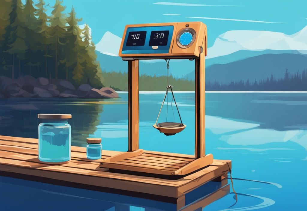 Modern digital painting of digital and analog fishing scales on a dock by a blue lake.