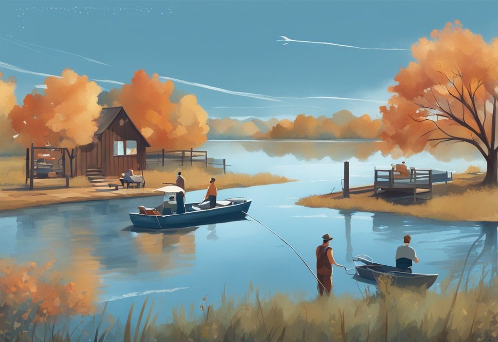 Modern digital painting of a Texas fishing calendar, highlighting fishing seasons, with a serene lake backdrop and people fishing.