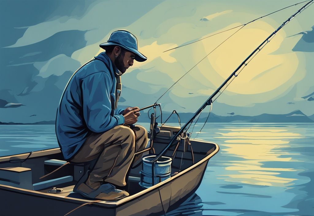 A modern digital painting of a fisherman on a boat using a drop shot rig, with a detailed zoom-in on the knot tied to the fishing line and weight, illustrating what is a drop shot in fishing, with a blue color theme.