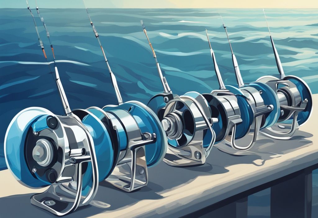 Modern digital painting of five saltwater spinning reels against serene ocean background, blue color theme.