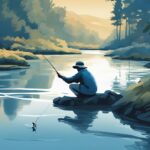 Split-screen digital painting illustrating fly fishing vs regular fishing; angler fly casting in a serene river contrasted with traditional fishing at a calm lake, blue color theme.