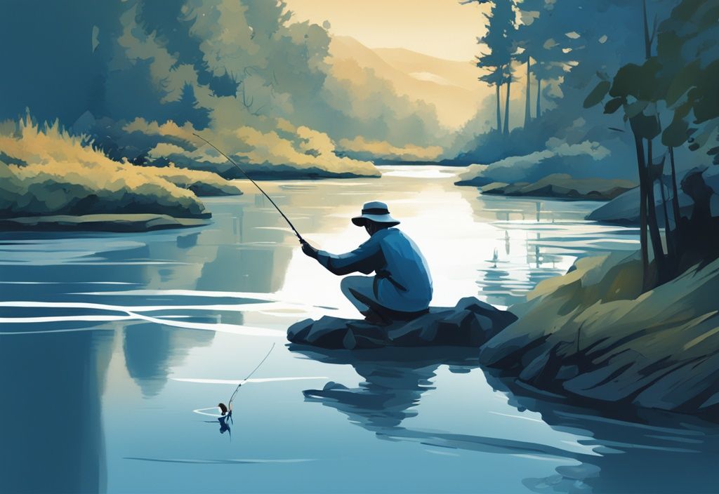 Split-screen digital painting illustrating fly fishing vs regular fishing; angler fly casting in a serene river contrasted with traditional fishing at a calm lake, blue color theme.