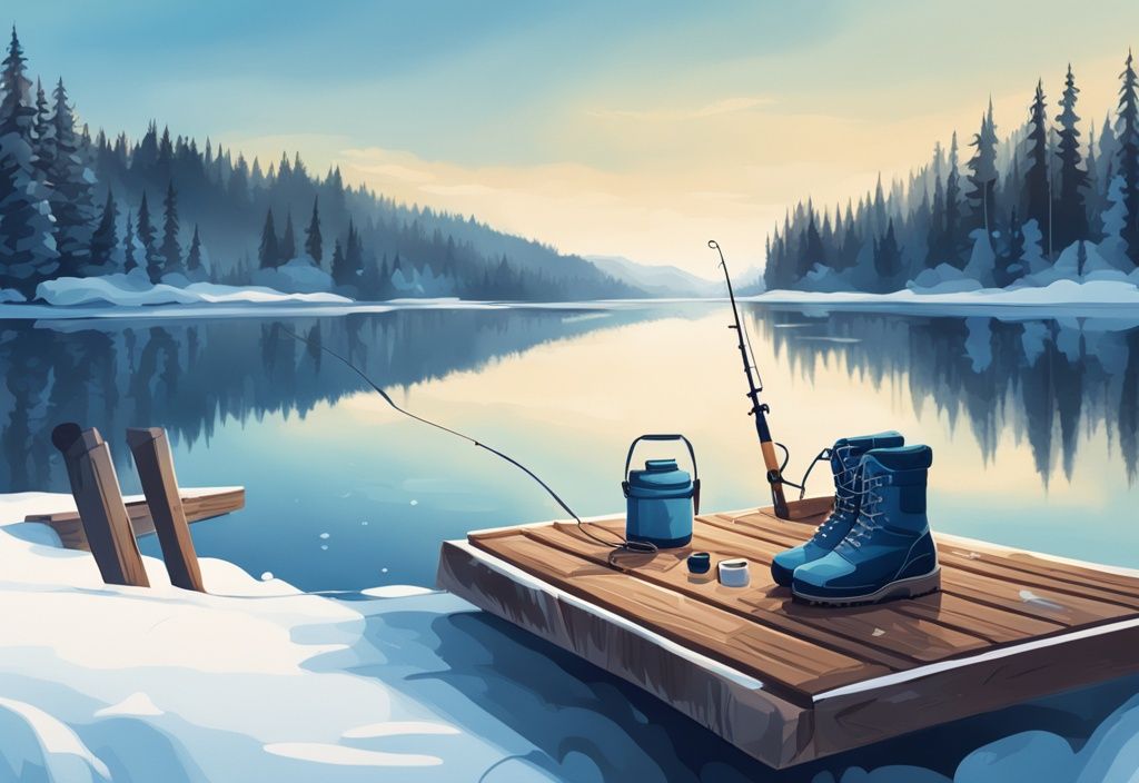 Modern digital painting of blue winter fishing gloves on wooden dock with fishing pole and snowy lake background.