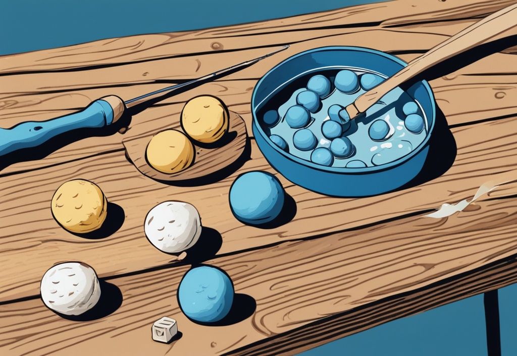 Modern digital painting of hands shaping dough beside a fishing rod and bait box on a wooden table, blue color theme.