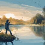 Modern digital painting of a fisherman using BFS gear to cast a small lure into a serene river, illustrating the technique and accuracy of BFS fishing, answering the question: what is BFS fishing?