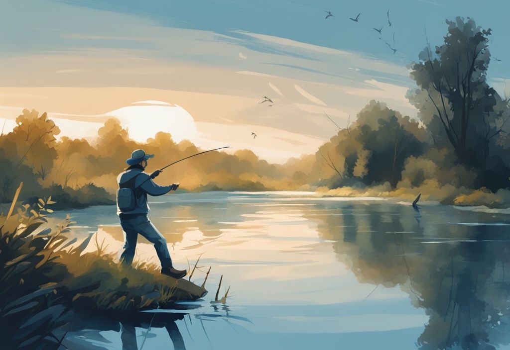 Modern digital painting of a fisherman using BFS gear to cast a small lure into a serene river, illustrating the technique and accuracy of BFS fishing, answering the question: what is BFS fishing?