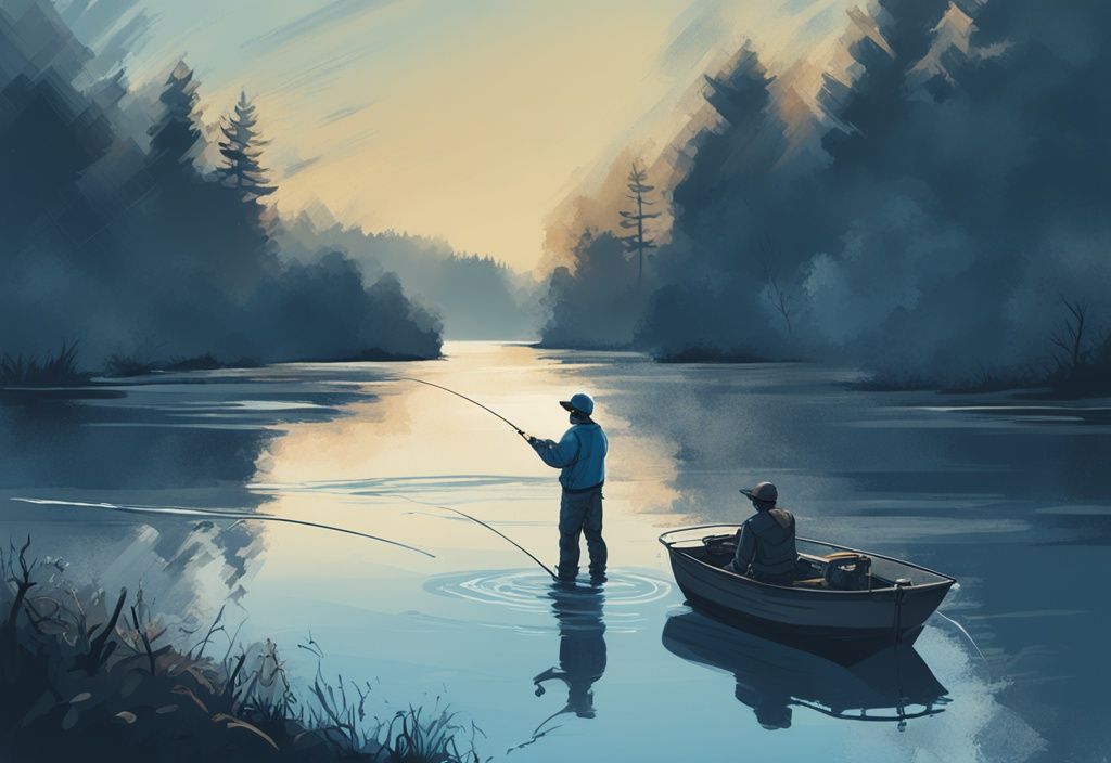 Modern digital painting of a fisherman using BFS gear casting a lure into a serene river, illustrating what is BFS fishing with precision and technique, in a blue-themed artwork.