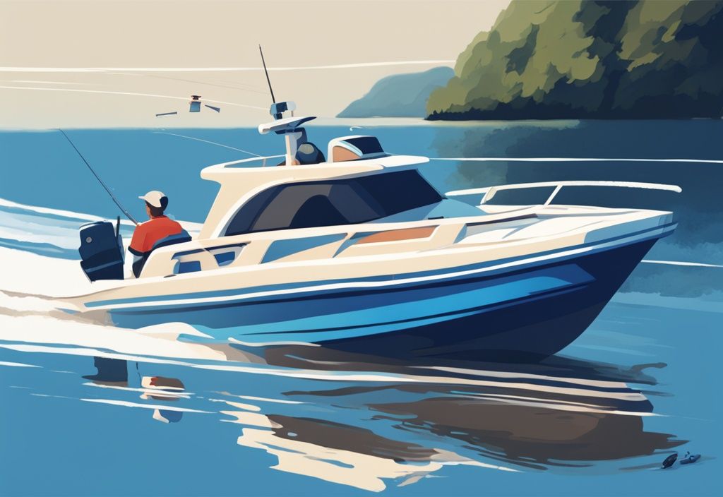 Modern digital painting of a speedboat slowing near a fishing boat on calm blue waters, emphasizing peaceful coexistence and water safety.