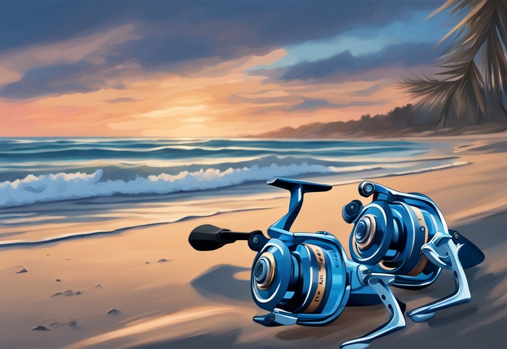 Modern digital painting illustration of the best 5 surf fishing reels on a serene beach during sunset, with a blue color theme.