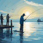 Modern digital painting of jetty fishing, featuring an angler casting a line into a tranquil blue sea on a busy sunlit jetty.