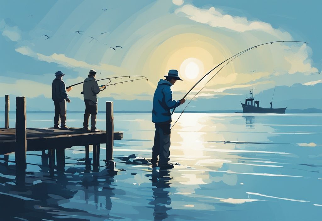 Modern digital painting of jetty fishing, featuring an angler casting a line into a tranquil blue sea on a busy sunlit jetty.