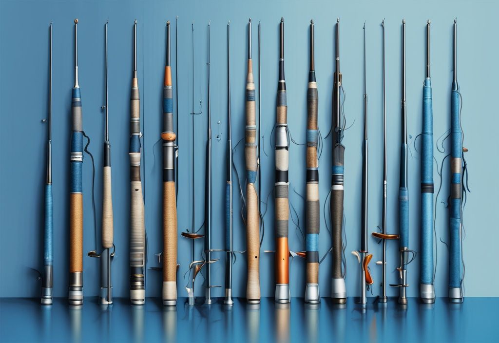 Modern digital painting of 10 most expensive fishing rods arranged against a luxurious blue-themed background.