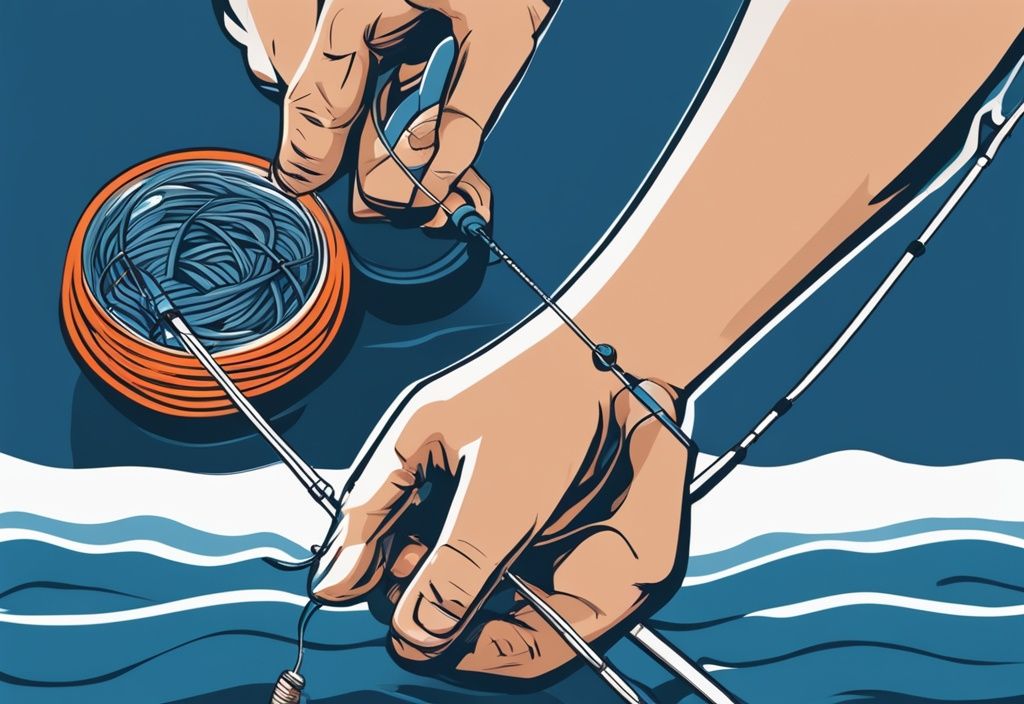 Modern digital painting of hands threading fishing line on rod with sinker, hook, and bait for trout fishing, blue theme.