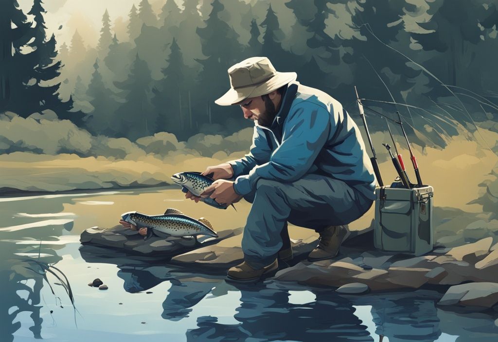 Modern digital painting of a trout fisherman selecting pound test line by a river, with various trout beside him, blue color theme.