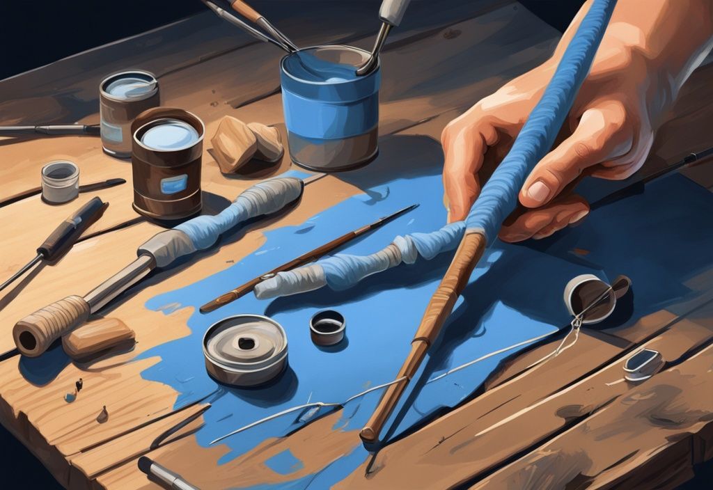 Digital painting of hands repairing a broken fishing rod with a blue theme and repair kit on wooden surface.