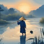 Modern digital painting of a traditional Asian fisherman in a straw hat casting a net into a serene river at sunrise, illustrating what is Asian fishing with a blue color theme.