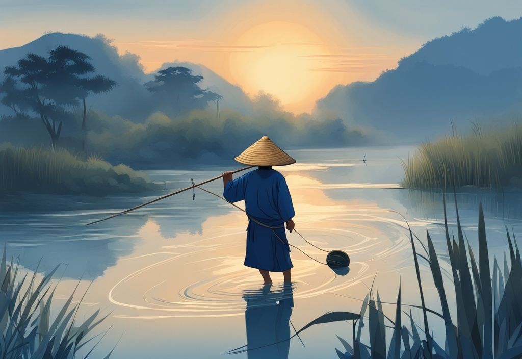 Modern digital painting of a traditional Asian fisherman in a straw hat casting a net into a serene river at sunrise, illustrating what is Asian fishing with a blue color theme.