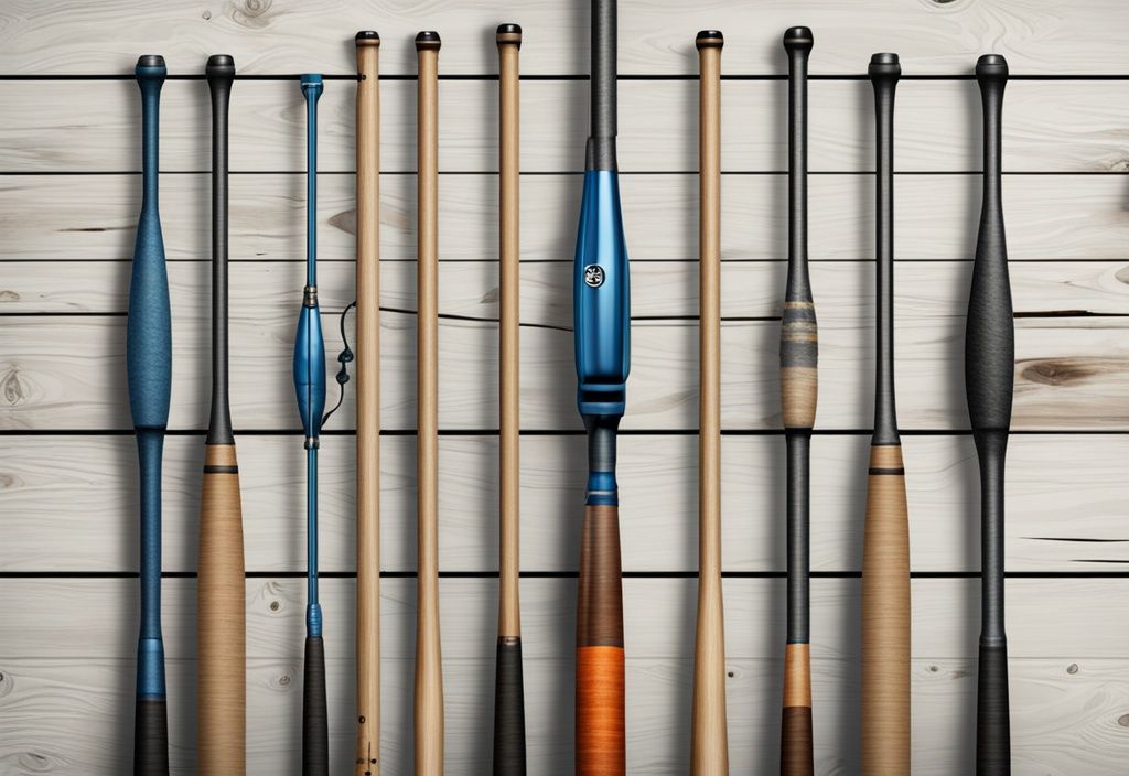 Modern digital painting featuring five top-rated bass rods in diverse designs and colors on a rustic wooden background, with a predominant blue color theme.