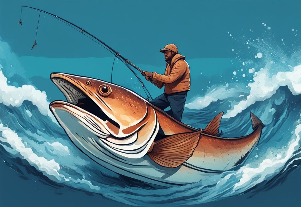 Triumphant fisherman holding a record-breaking fish on a boat in a blue-themed digital painting with a serene ocean backdrop.