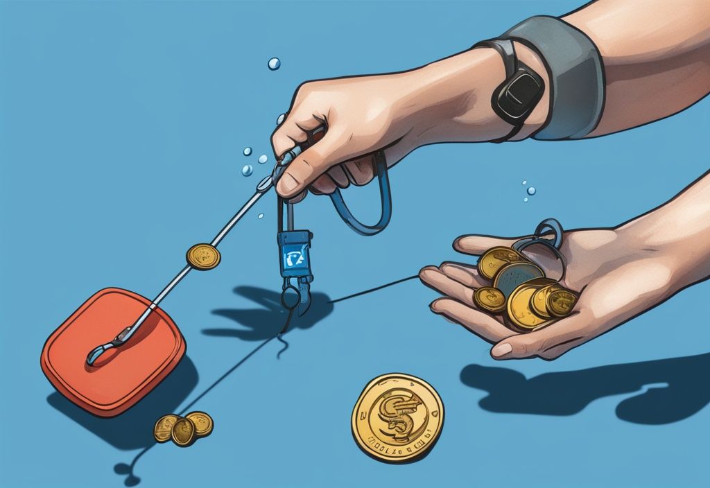 Digital painting of a magnet fishing underwater, retrieving coins, rings, and a prohibited warning sign, with a blue color theme.