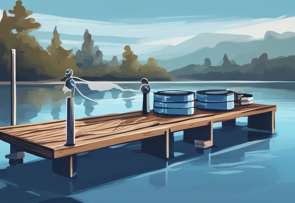 Modern digital painting of top 5 fishing scales on a wooden dock by a serene lake, blue color theme, highlighting unique features.