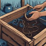 Modern digital painting of hands nurturing worms in fertile soil within a homemade wooden bin, illustrating how to raise worms for fishing, with fishing gear in the background.