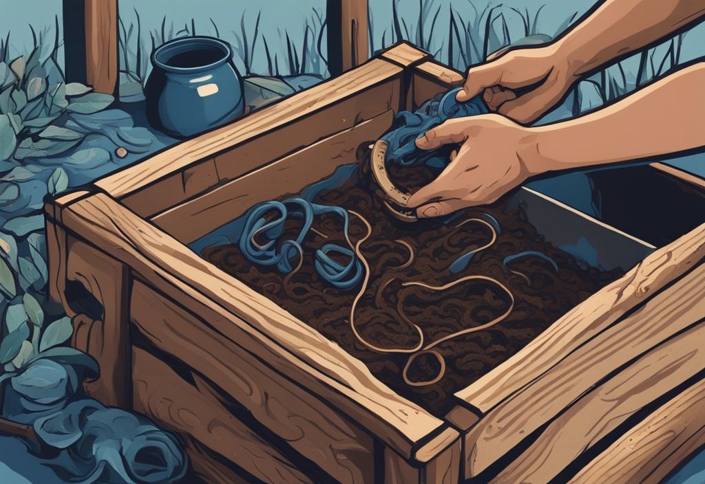 Modern digital painting of hands nurturing worms in fertile soil within a homemade wooden bin, illustrating how to raise worms for fishing, with fishing gear in the background.