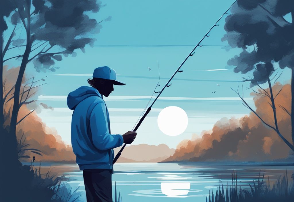 Modern digital painting of person at lake comparing two fishing rods, blue color theme