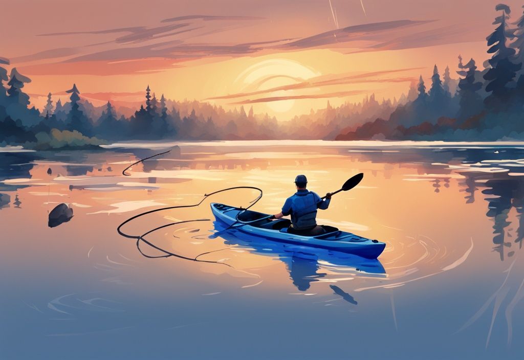 Modern digital painting of an angler in a kayak casting a topwater lure at sunrise on a serene blue-themed lake.