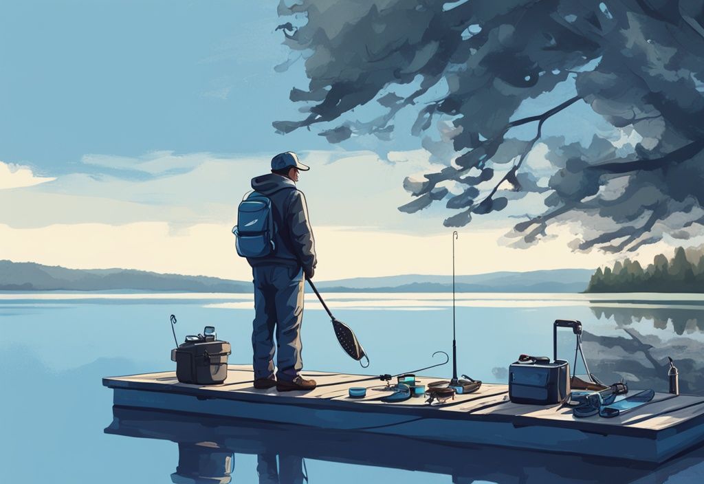 Modern digital painting of beginner angler with baitcaster models on dock by serene lake, blue color theme