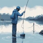 A modern digital painting of a person magnet fishing at a water body, ignoring a "No Magnet Fishing" sign, highlighting why is magnet fishing illegal due to potential environmental and safety concerns.