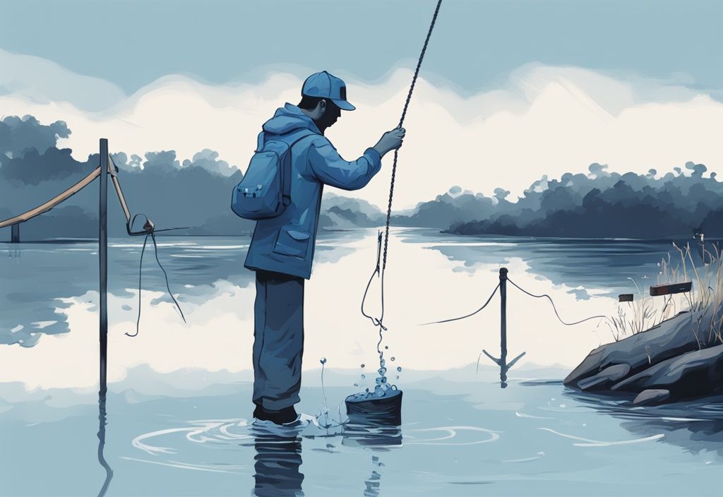 A modern digital painting of a person magnet fishing at a water body, ignoring a "No Magnet Fishing" sign, highlighting why is magnet fishing illegal due to potential environmental and safety concerns.