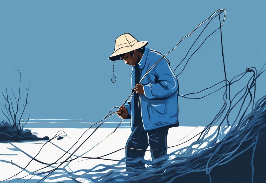 Frustrated fisherman examining tangled fishing line in modern digital painting with blue color theme.