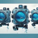 Modern digital painting of the best 5 underwater fishing cameras in crystal clear water, capturing aquatic life with a blue color theme.