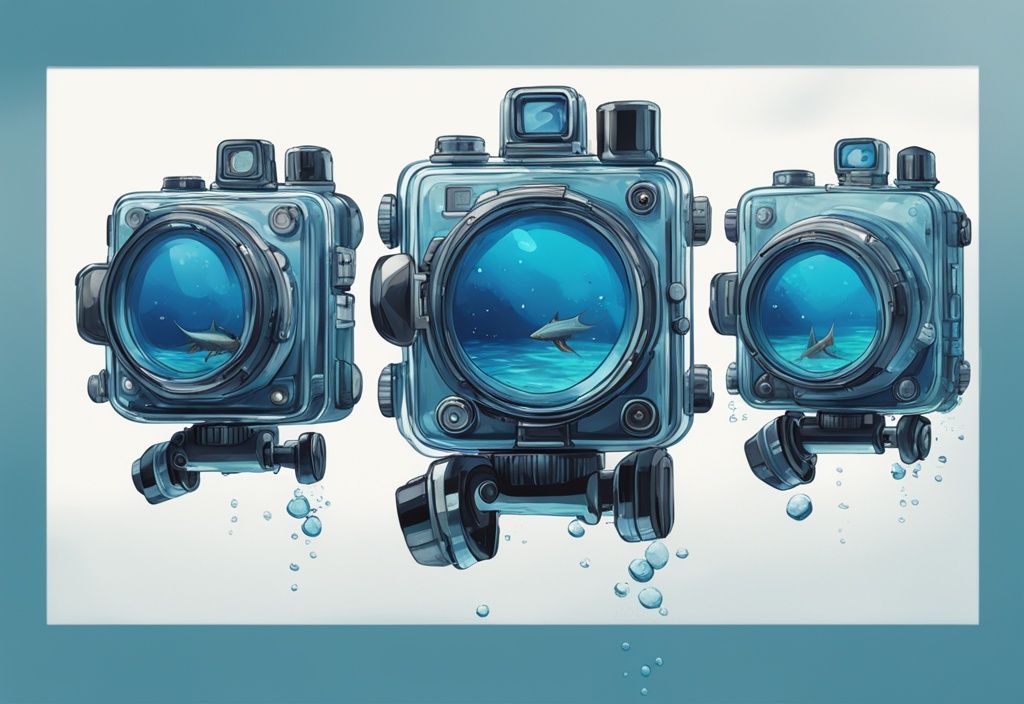 Modern digital painting of the best 5 underwater fishing cameras in crystal clear water, capturing aquatic life with a blue color theme.