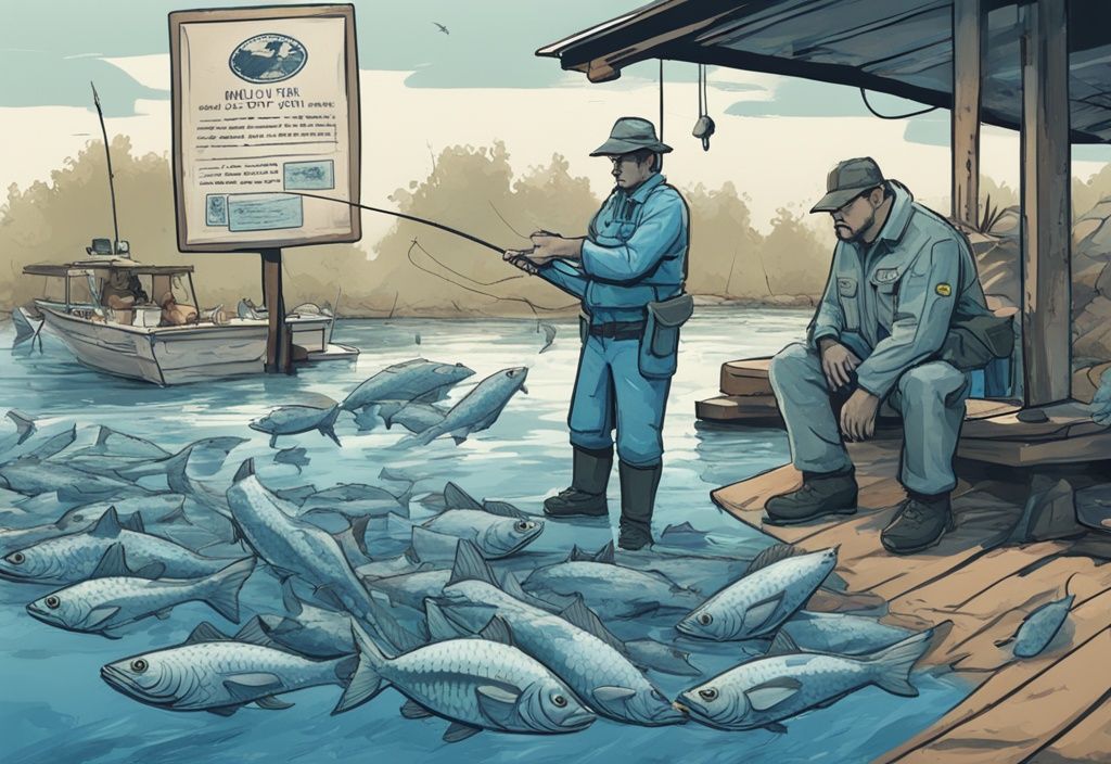 Modern digital painting of an angler overfishing confronted by a park ranger, illustrating what happens when people violate fishing regulations, with a blue color theme, excessive fish pile, and visible fishing limit signage.