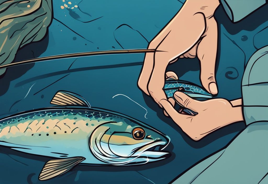 Modern digital painting of hands demonstrating how to set up fishing line for trout with bait and hook by a serene trout-filled river.