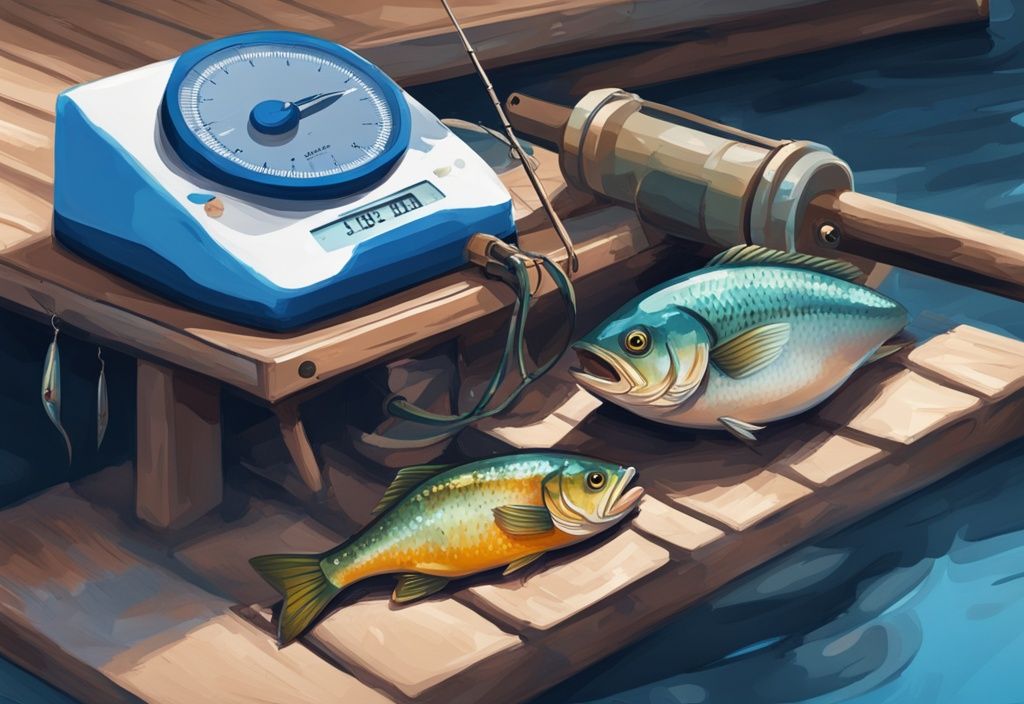 Modern digital painting of a digital vs. analogue fishing scale on a dock, each holding a caught fish, with a blue color theme.