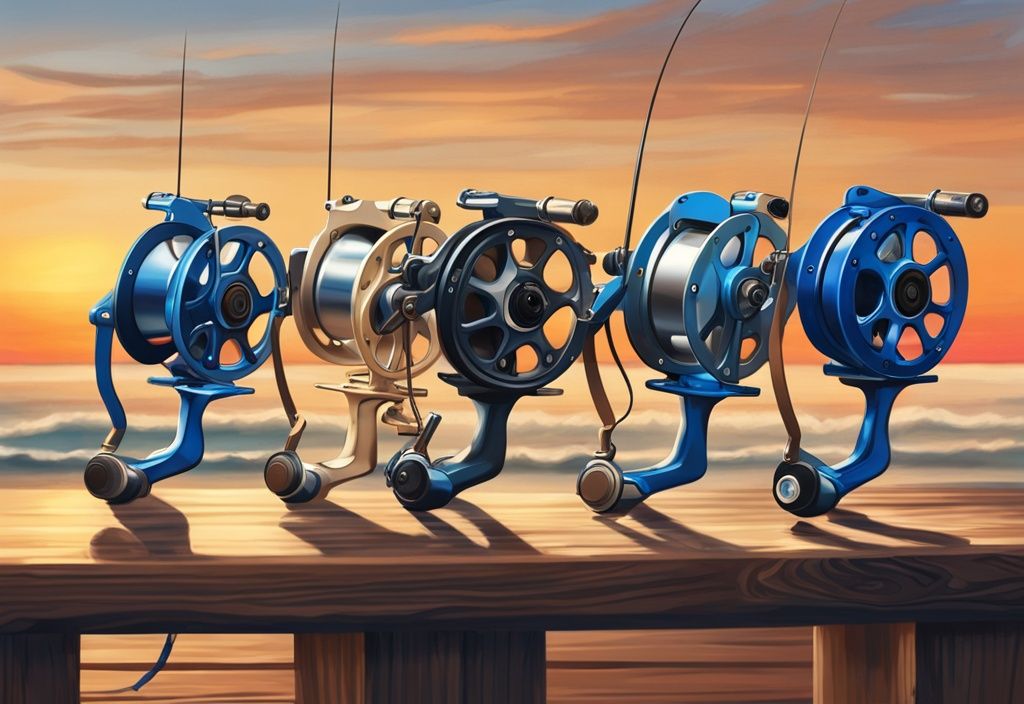 Modern digital painting of five surf fishing reels on a wooden table, beach sunset backdrop, blue color theme.