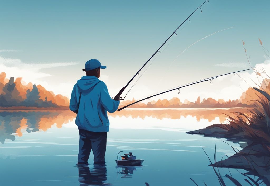 Modern digital painting of a person by a lake comparing two fishing rods, blue color theme.