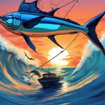 Digital painting of the biggest fish ever caught, a massive marlin leaping against a sunset, dwarfing a fishing boat and crew.