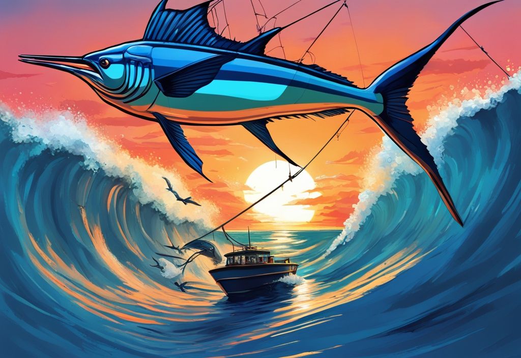 Digital painting of the biggest fish ever caught, a massive marlin leaping against a sunset, dwarfing a fishing boat and crew.